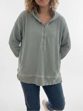 Aerie Sage Green Waffle Knit Ribbed Hoodie Oversized Long Sleeve Size Small
